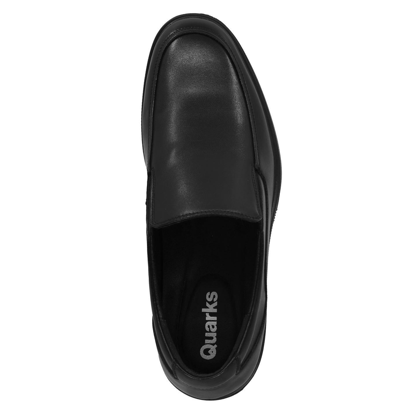Black leather slip-on dress shoe with Quarks visible on the insole.