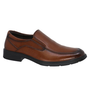 Brown leather slip-on dress shoe with a black sole.