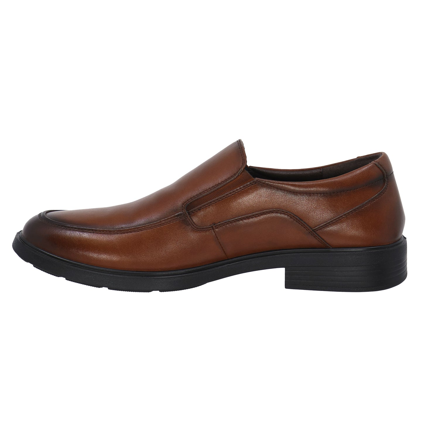 Brown leather slip-on dress shoe with black sole and stacked heel.