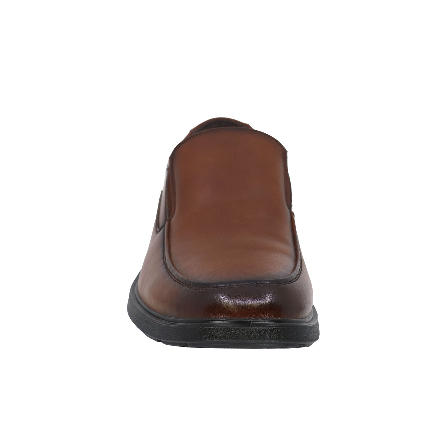 Brown leather slip-on dress shoe with a black sole.