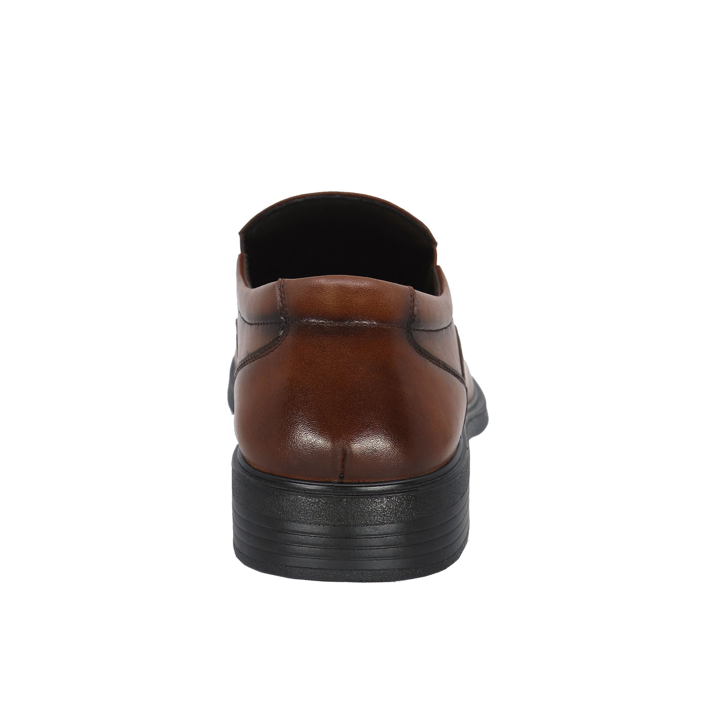 Brown leather slip-on dress shoe with black block heel.