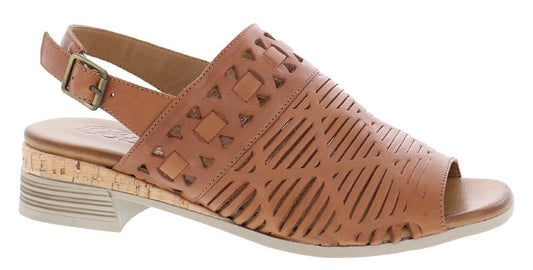 Tan, low-heeled sandal with a buckle and decorative cutouts.