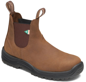 Tan Chelsea-style work boot with black sole and pull loops.