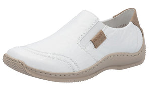 White slip-on shoe with beige sole and brand tag.