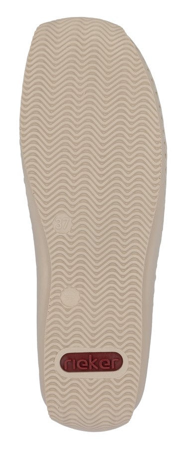 Beige shoe sole with a wavy pattern and a red logo.