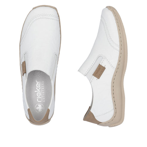 Pair of white slip-on shoes with tan soles and a tan 'Rieker Antistress' tag.