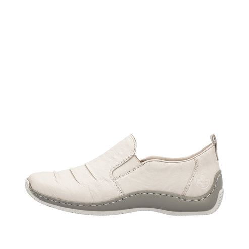 Off-white slip-on shoe with elastic side and gray sole.