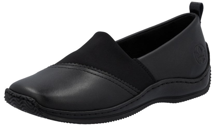 Black leather slip-on shoe with elastic band.