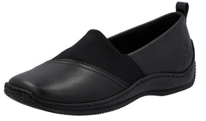 Black leather slip-on shoe with elastic band.