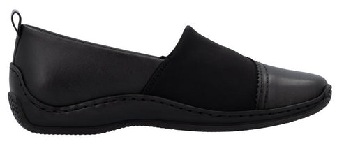 Black slip-on shoe with a rounded toe and a loop at the heel.
