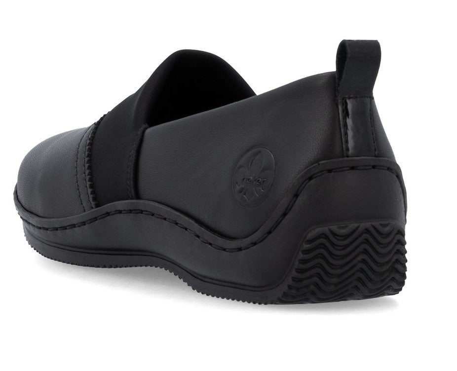 Black slip-on shoe with elastic strap and pull-tab.