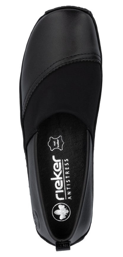 A black leather slip-on shoe.