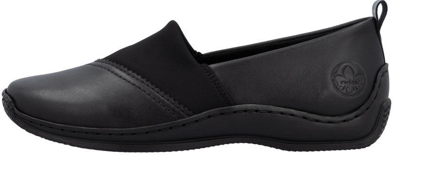 Black slip-on shoe with a leather upper and elastic gore.