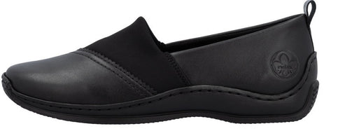 Black slip-on shoe with a leather upper and elastic gore.
