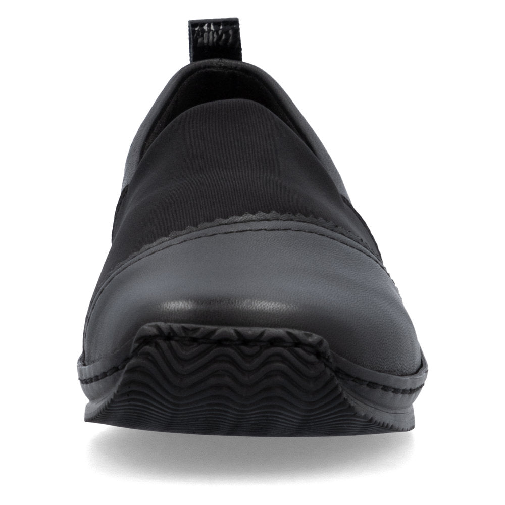 Black slip-on shoe, front view.