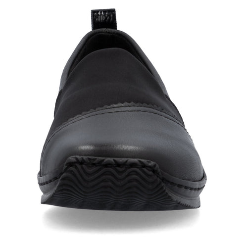Black slip-on shoe, front view.