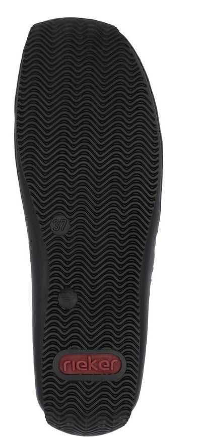 Black shoe sole with ripple tread and "rieker" label.