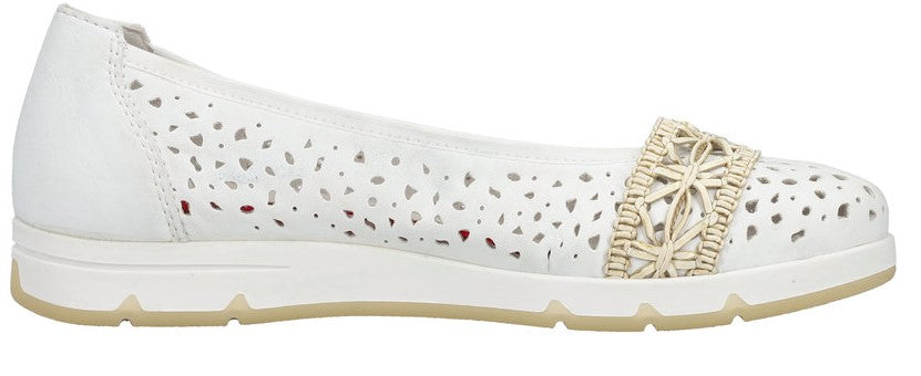 White leather flat with laser-cut details and a woven raffia accent.