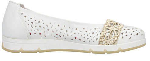White leather flat with laser-cut details and a woven raffia accent.
