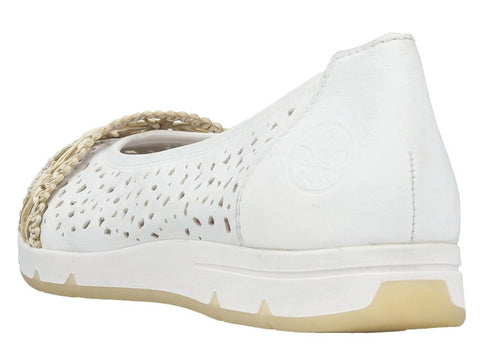 White loafer with braided toe and perforated sides.