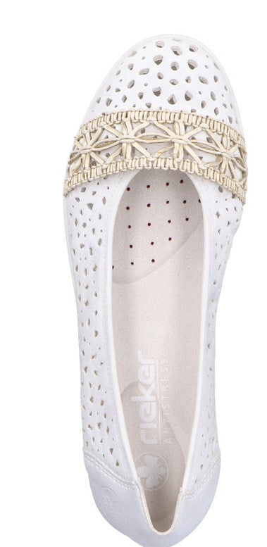 White perforated slip-on shoe with decorative band.