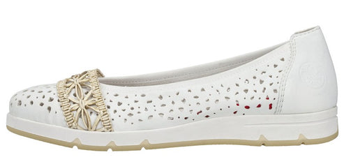 A white perforated slip-on shoe with straw-colored floral accent.