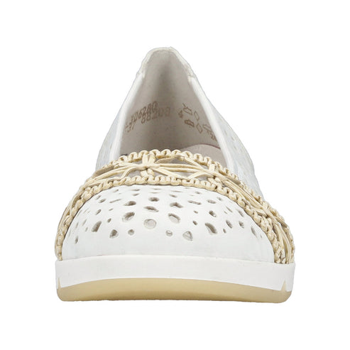 White slip-on shoe with perforated toe and woven trim.