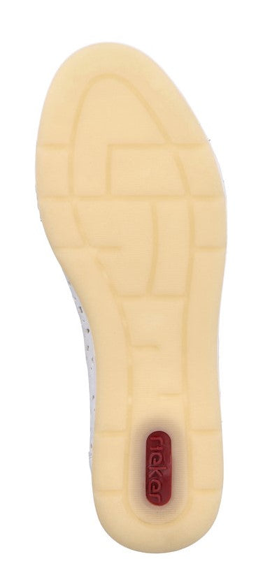 A shoe outsole with a rectangular tread pattern and oval logo in the heel.