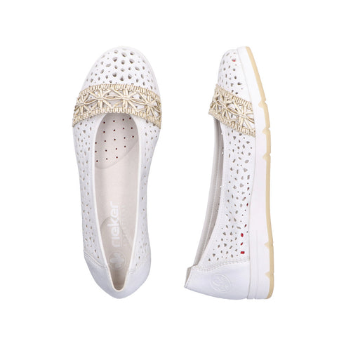 Two white flat shoes with decorative gold band.