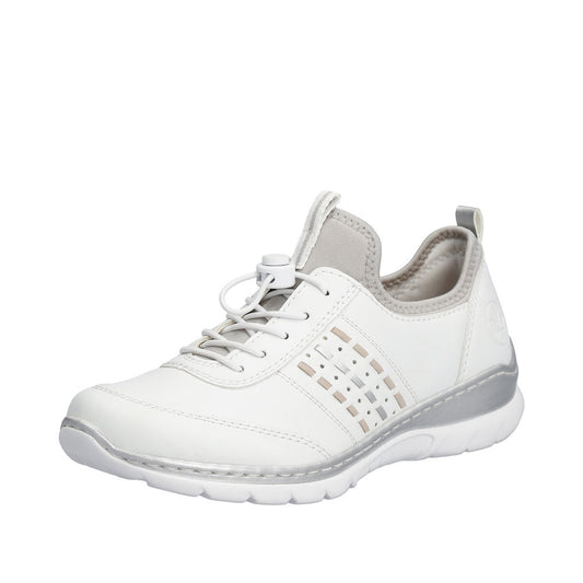 A white athletic shoe with gray accents and elastic laces.