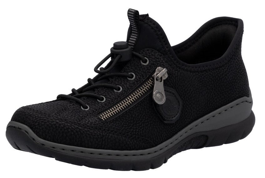 A black textured sneaker with black sole, elastic laces and side zipper.