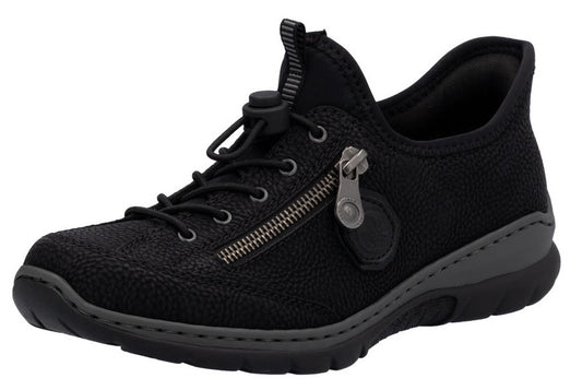 A black textured sneaker with black sole, elastic laces and side zipper.