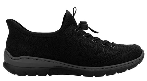 A black low top shoe with a bungee cord closure system and a gray sole.
