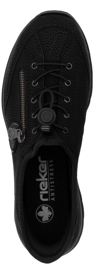 A black shoe with laces and a zipper.