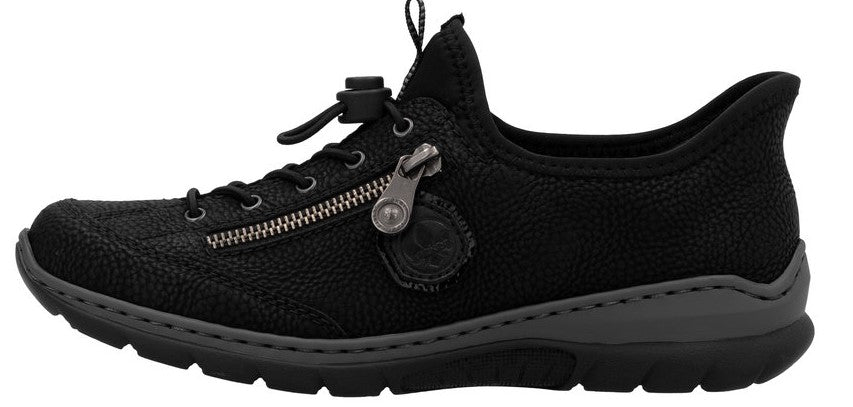 Black shoe with zipper and bungee cord closure.