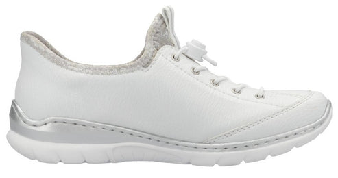White casual sneaker with a silver accent on the heel and a toggle lacing system.