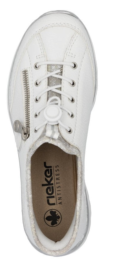 A white shoe with laces and a zipper.