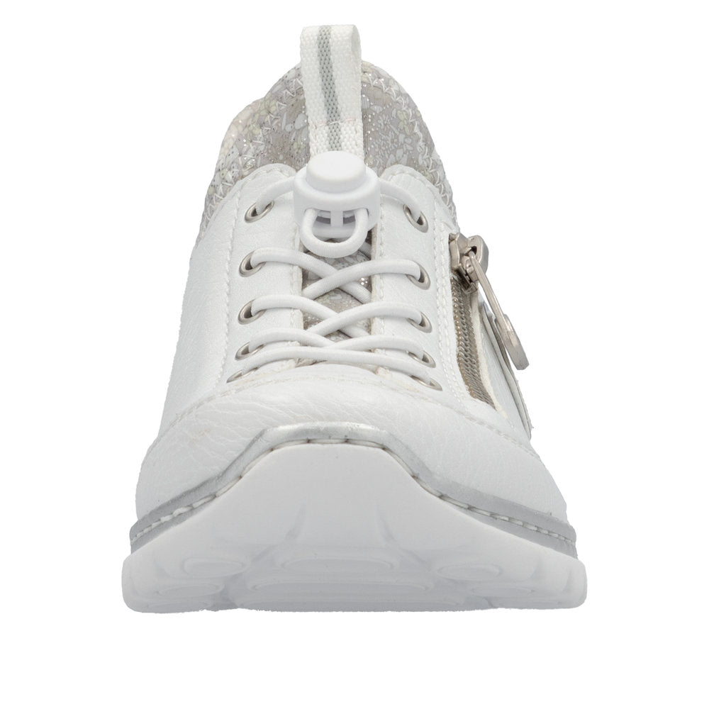 White sneaker with silver trim, zipper, and elastic laces.