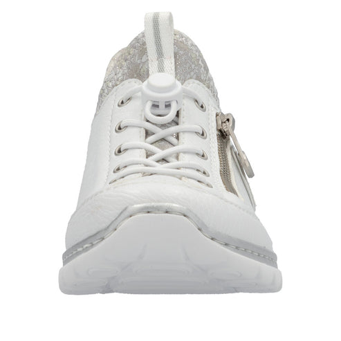 White sneaker with silver trim, zipper, and elastic laces.