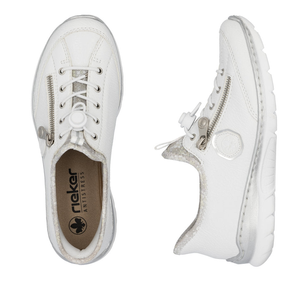 Two white leather sneakers; one top-down view, one side view; elastic laces, zipper detail.