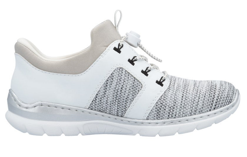 White sneaker with gray-and-white knit upper, silver heel accent, and decorative bungee laces.