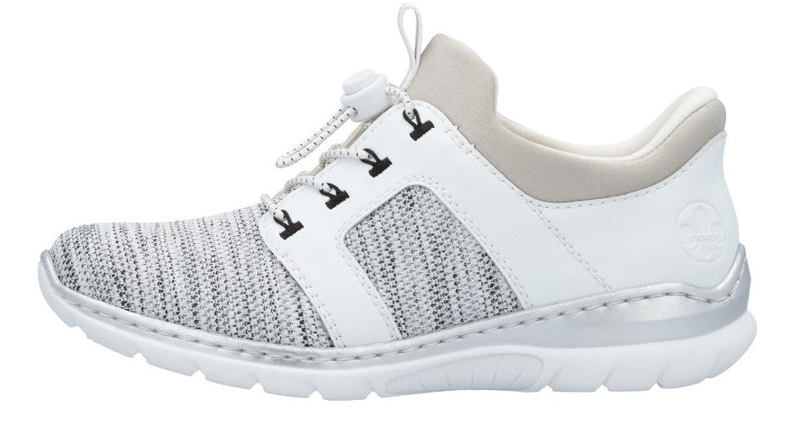 Side view of a casual white sneaker with gray and white knit toe box and bungee cord laces.