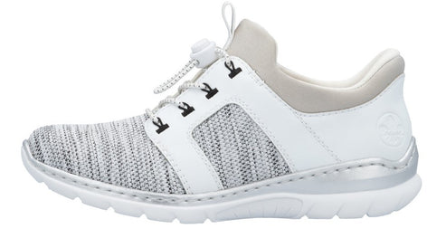 Side view of a casual white sneaker with gray and white knit toe box and bungee cord laces.