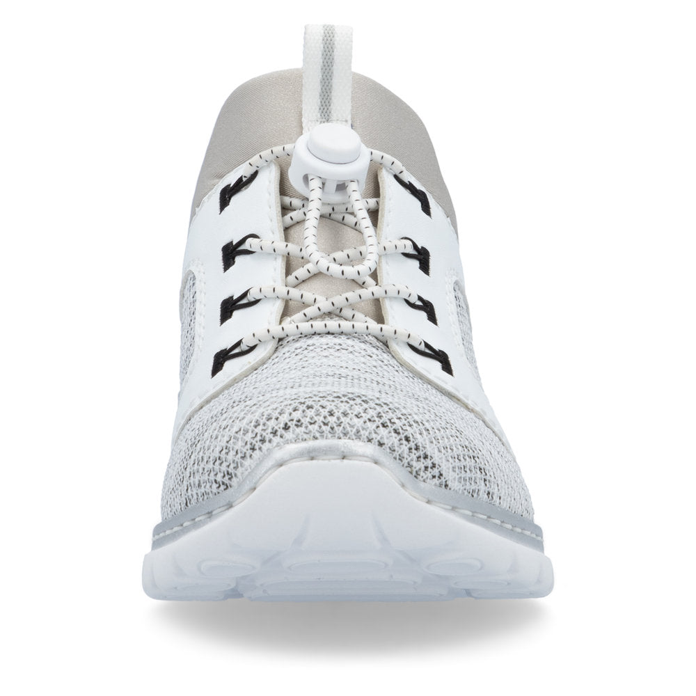 Front view of a white and grey knit sneaker with a toggle lacing system.