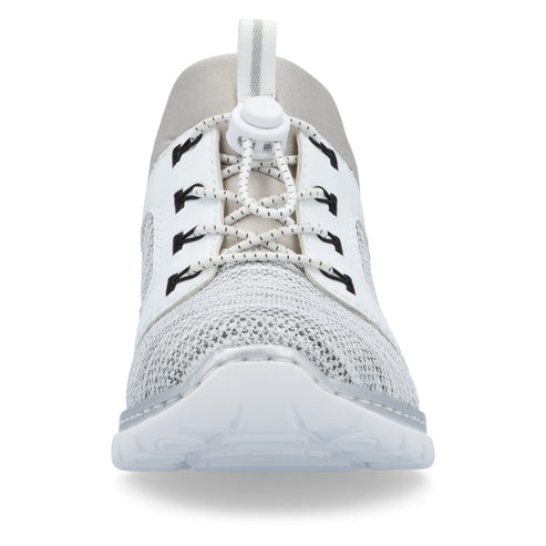 Front view of a white and grey knit sneaker with a toggle lacing system.