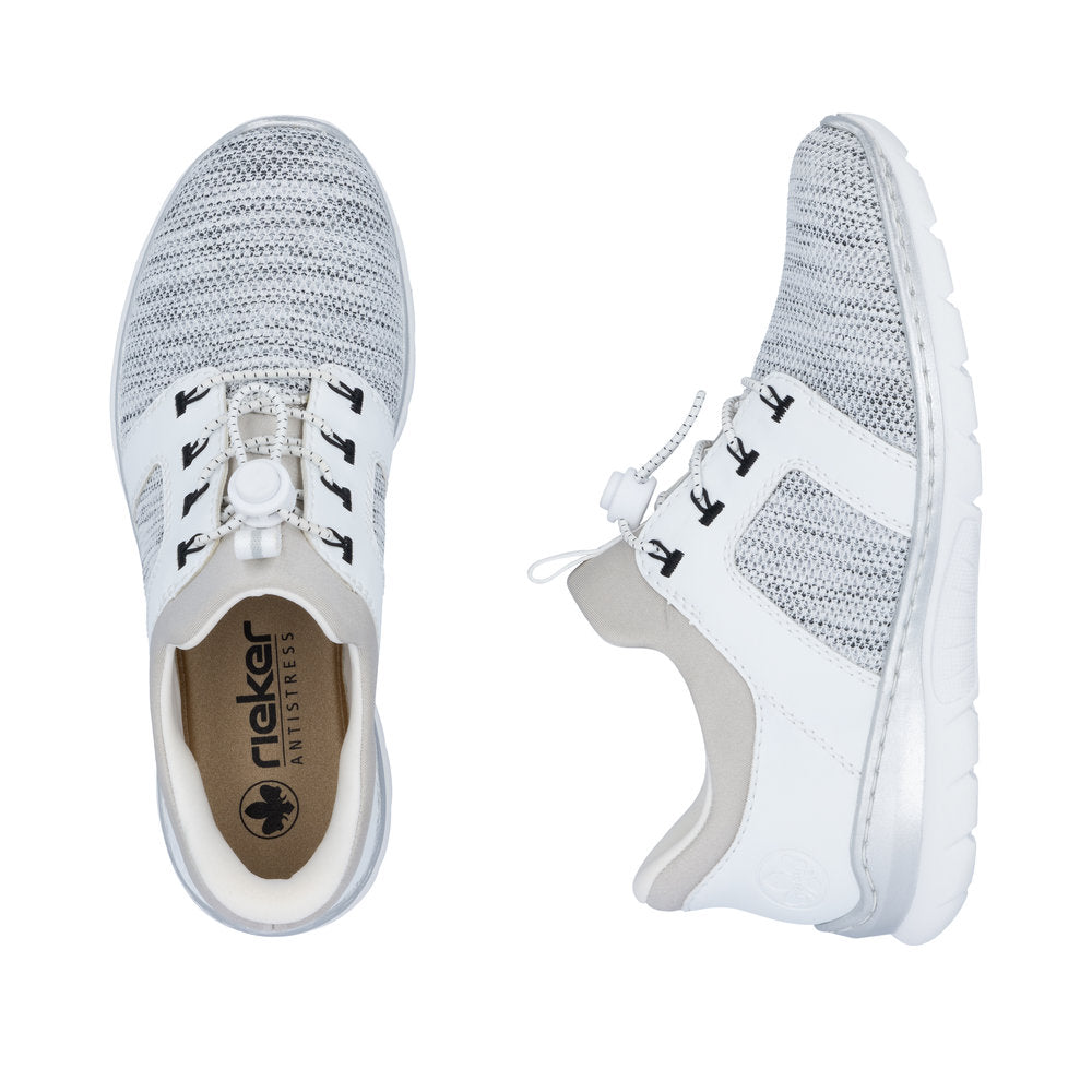 Pair of white and light grey textured sneakers with elastic laces and decorative metal accents.