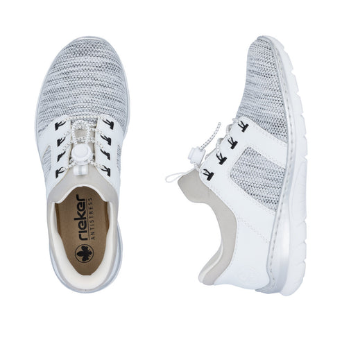 Pair of white and light grey textured sneakers with elastic laces and decorative metal accents.