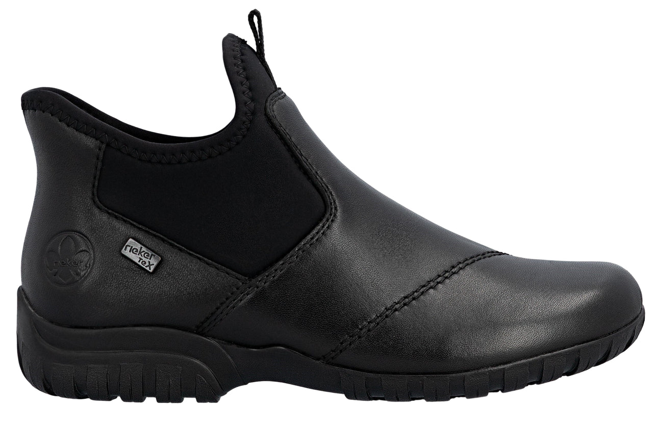 Black, ankle-high, slip-on boot with black elastic ankle gussets, visible waterproof badge, and rear pull-loop.
