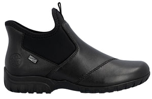 Black, ankle-high, slip-on boot with black elastic ankle gussets, visible waterproof badge, and rear pull-loop.