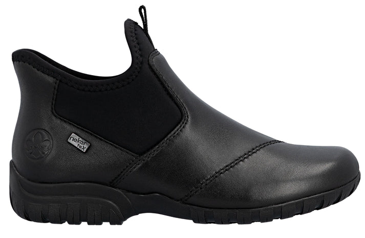 Black, ankle-high, slip-on boot with black elastic ankle gussets, visible waterproof badge, and rear pull-loop.